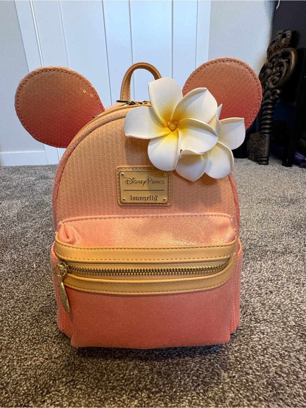 Loungefly Peach Pink Minnie Ear Mini Backpack with Plumeria